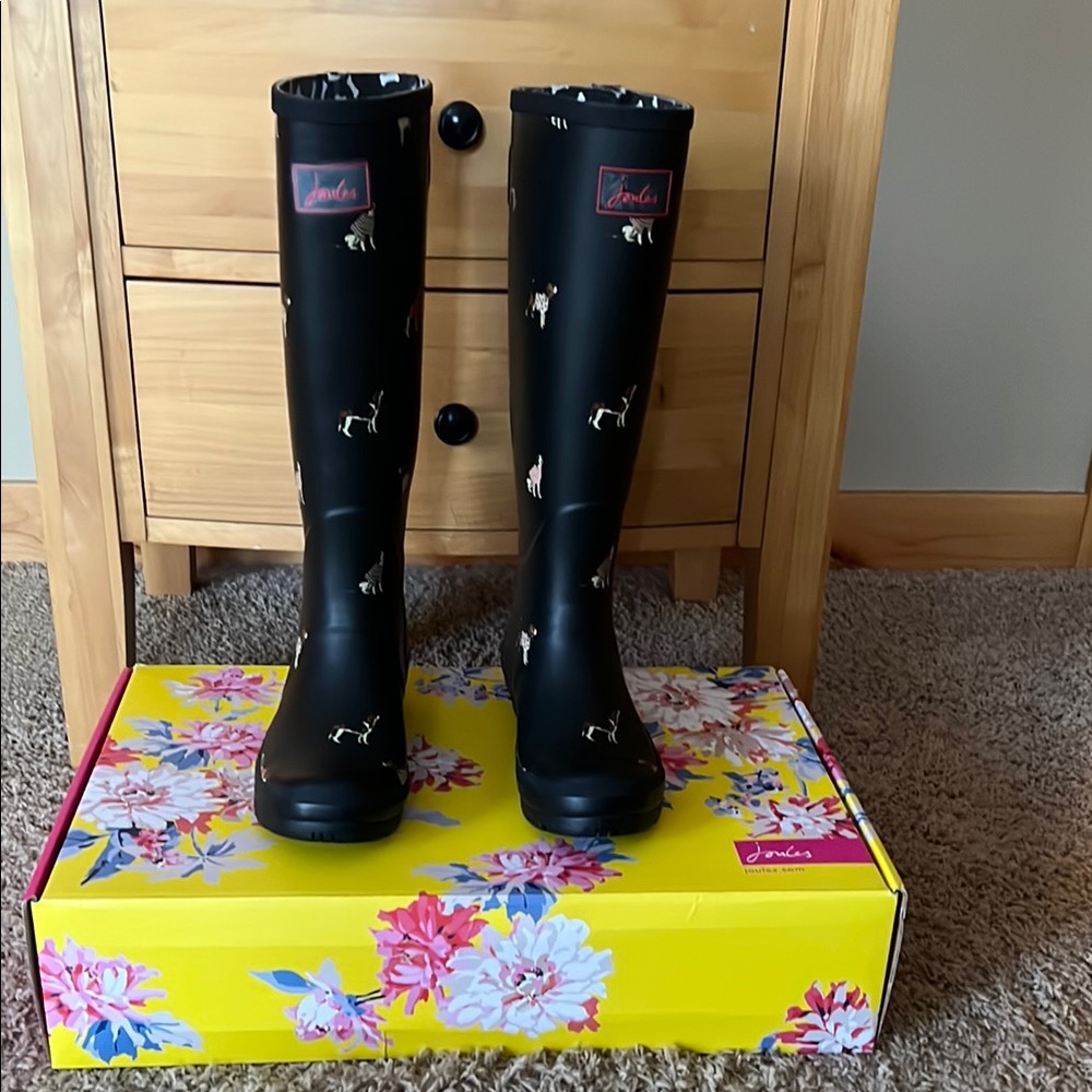 Joules Black Tall Rain Boots with Dog Print 8